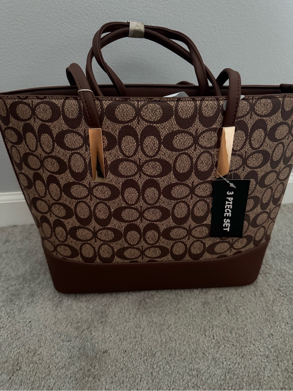 Brown Patterned Tote Bag with Gold Accent Handles ***Coach Knock Off***
